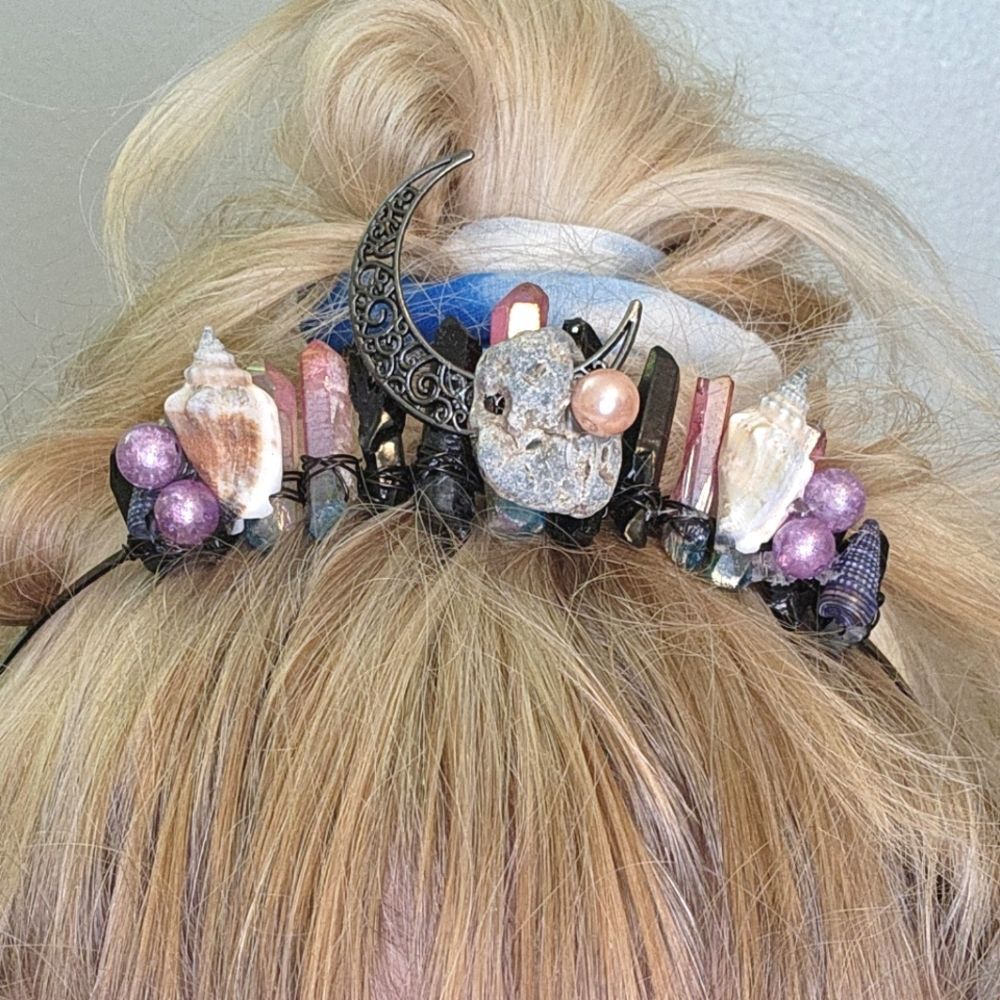 Siren Crown Pink/Blue & Black Crystal Quartz with Stone, Shell, Pearls, Moon!